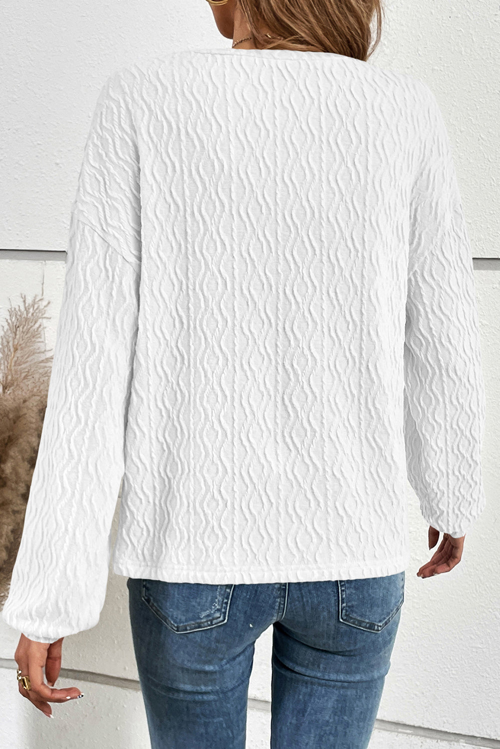 White Solid Color Textured Long Sleeve Henley Top