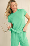 Blue Solid Corded Short Sleeve T Shirt and Wide Leg Pants Set