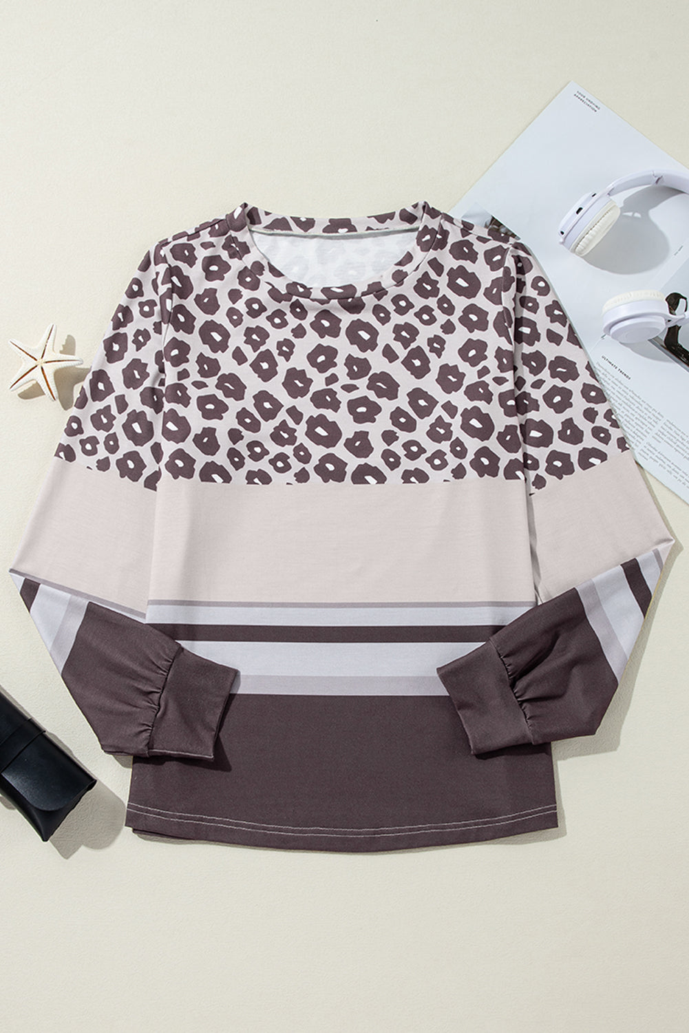 Brown Leopard Striped Color Block Long Sleeve Top