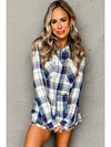 Blue Plaid Print Shirt and Frill Trim Shorts Pajama Set