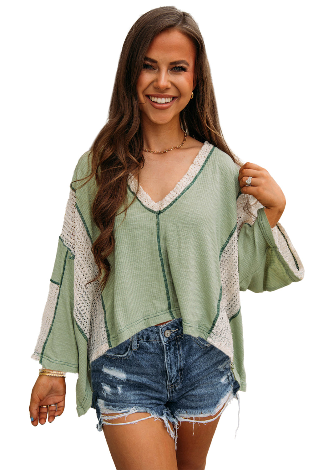 Parchment Crochet Patchwork Exposed Seam Loose Top