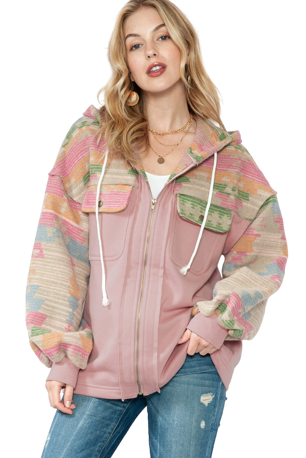 Light Pink Geometric Patchwork Hooded Zip Up Jacket