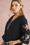 Black Floral Embroidered Sleeve Bohemian V Neck Blouse