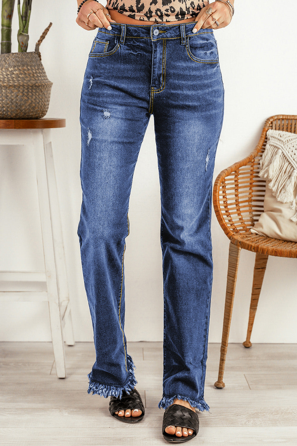 Sky Blue Raw Hem High Waist Straight Leg Jeans