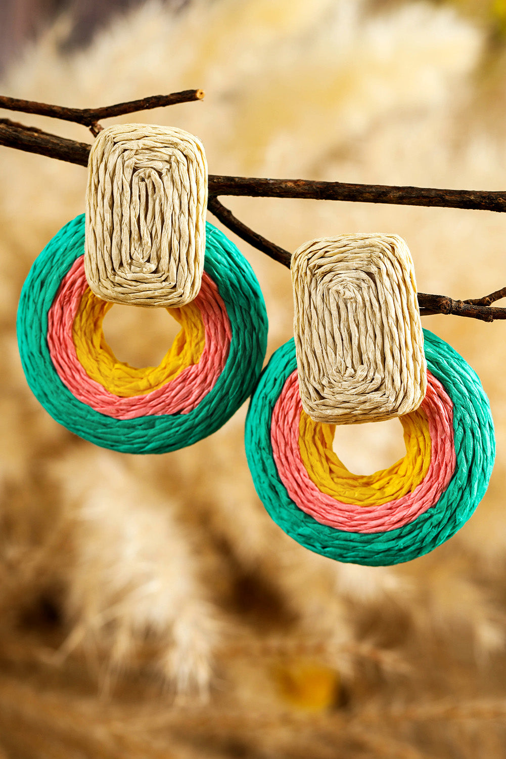 Green Colorblock Boho Woven Hoop Earrings