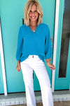 Moonlight Jade Frill V Neckline Puff Sleeve Crinkled Blouse