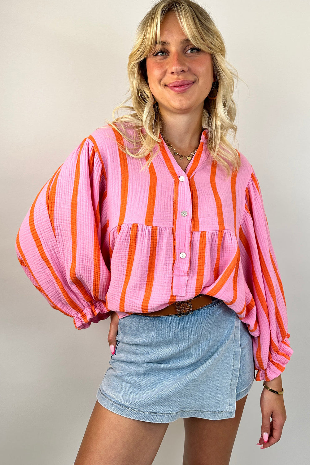 Orange Stripe Crinkle Ruffle Sleeve Loose Top