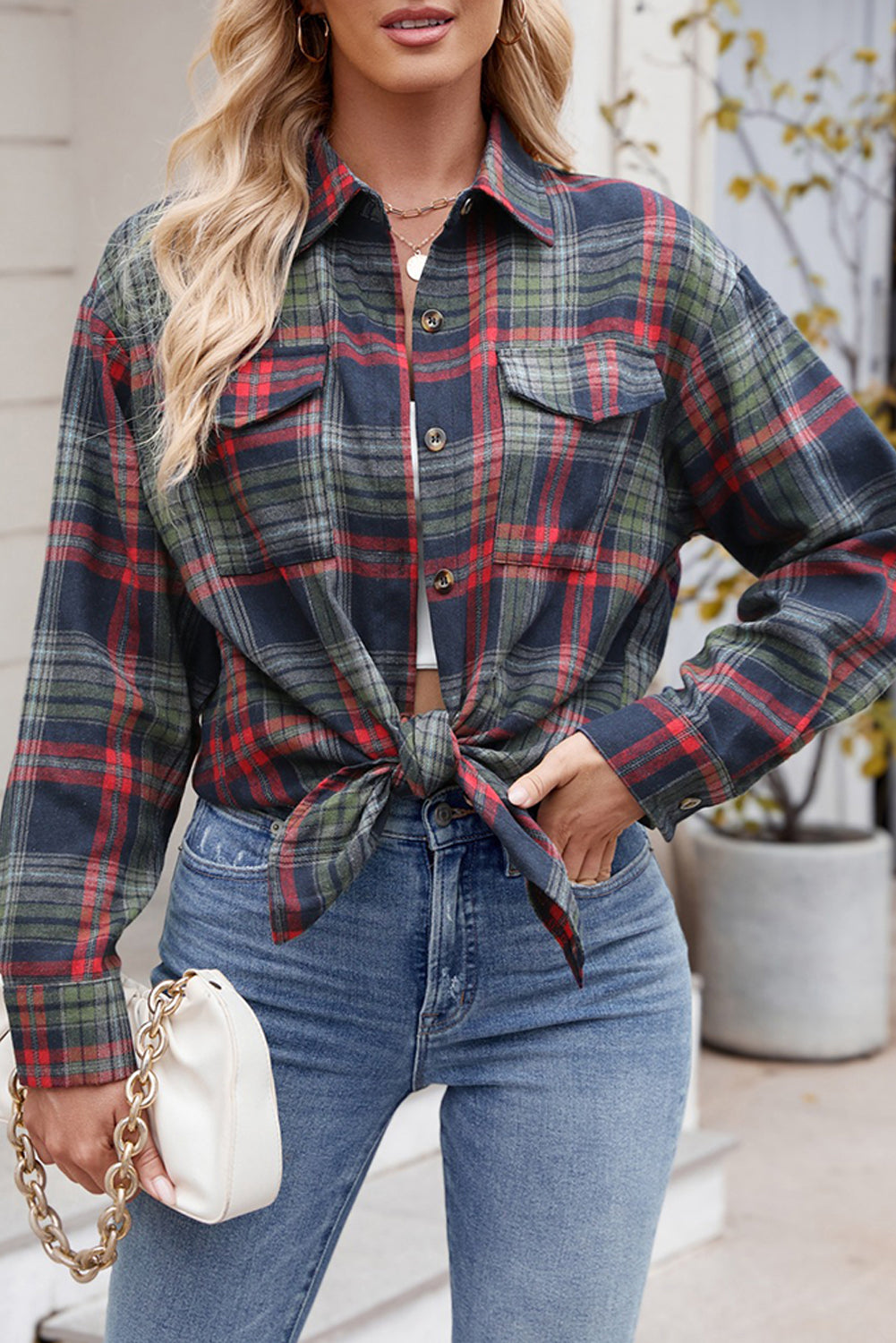 Green Plaid Chest Pocket Button Front Shirt