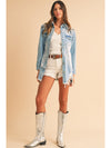 Sky Blue Light Wash Distressed Frayed Long Denim Jacket