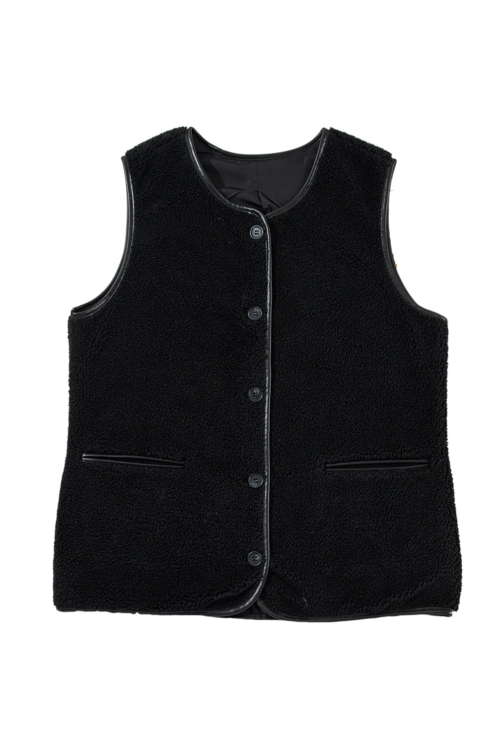 Camel Fleece Leather Side Pockets Button Up Vest