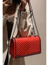 Fiery Red Chain Decor Chevron Embroidery Thread Shoulder Bag