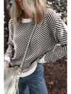 Coffee Stripe Contrast Edge Crew Neck Drop Shoulder Sweater