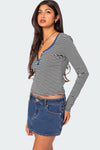 Black Stripe Contrast Trim Long Sleeve Henley Top