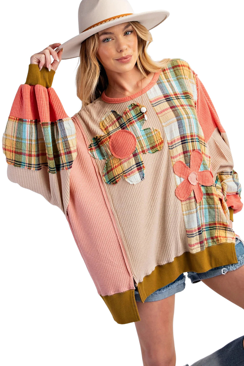 Multicolor Plaid Flower Patchwork Waffle Drop Shoulder Loose Top