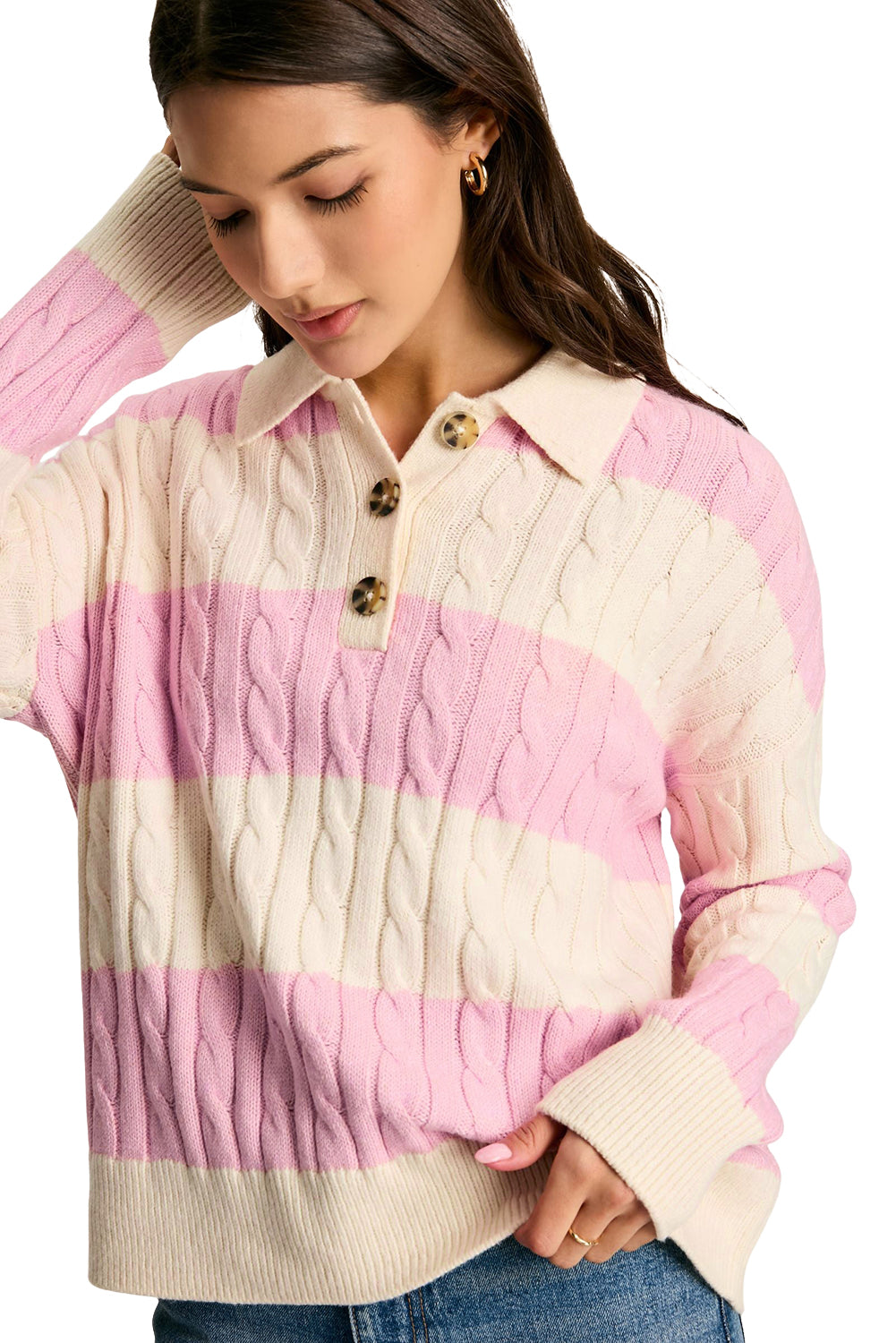 Pink Colorblock Button Collar Twisted Cable Knit Sweater