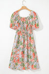 Apricot Pink Floral Knot Front Smocked Bubble Sleeve Dress