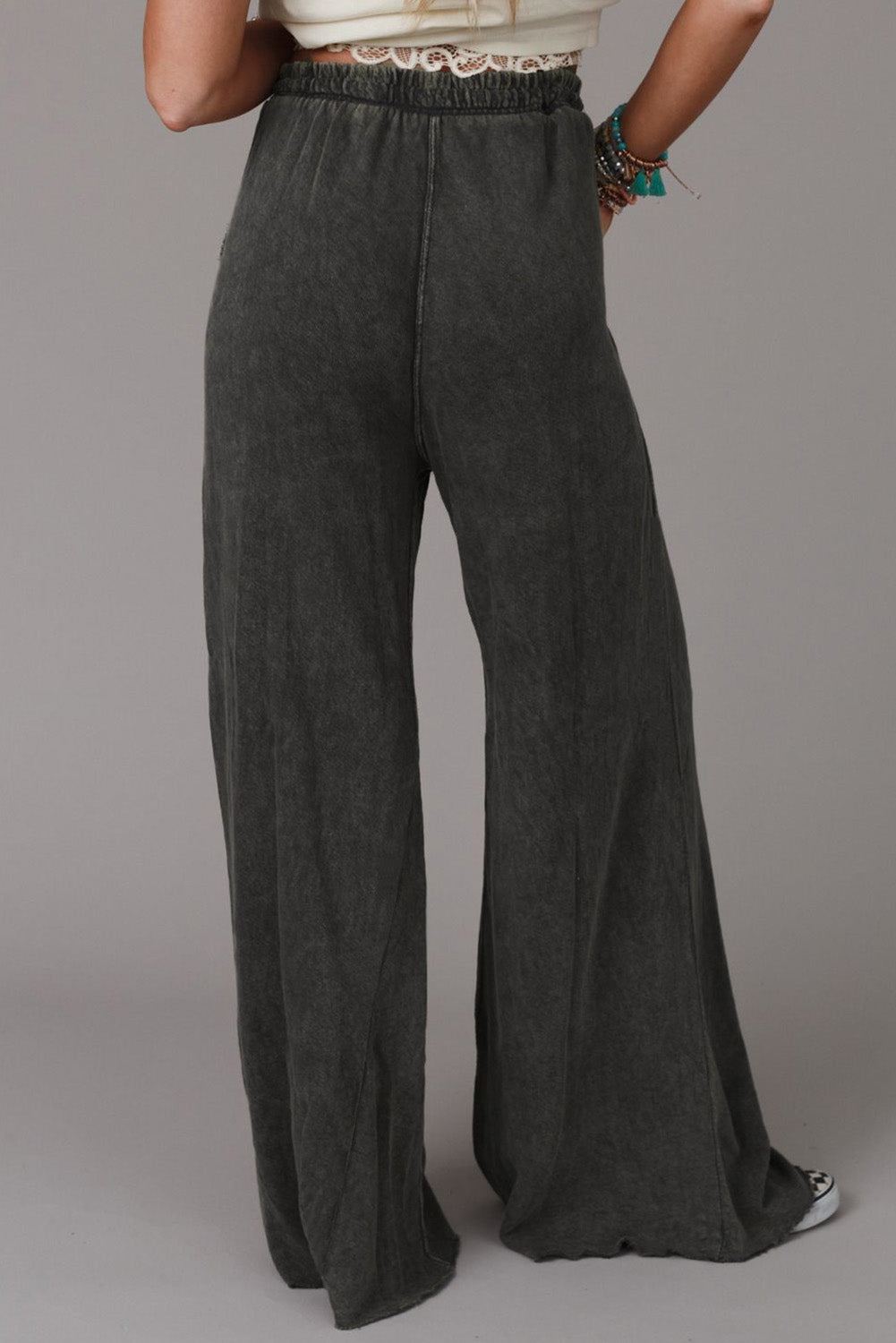 Grey Mineral Washed Drawstring High Waisted Wide Leg Pants