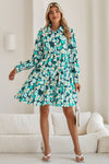 Blackish Green Flower Print Smocked Cuffs Tiered Mini Dress