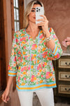 Green Floral Print Striped Trim Puff Sleeve Babydoll Blouse