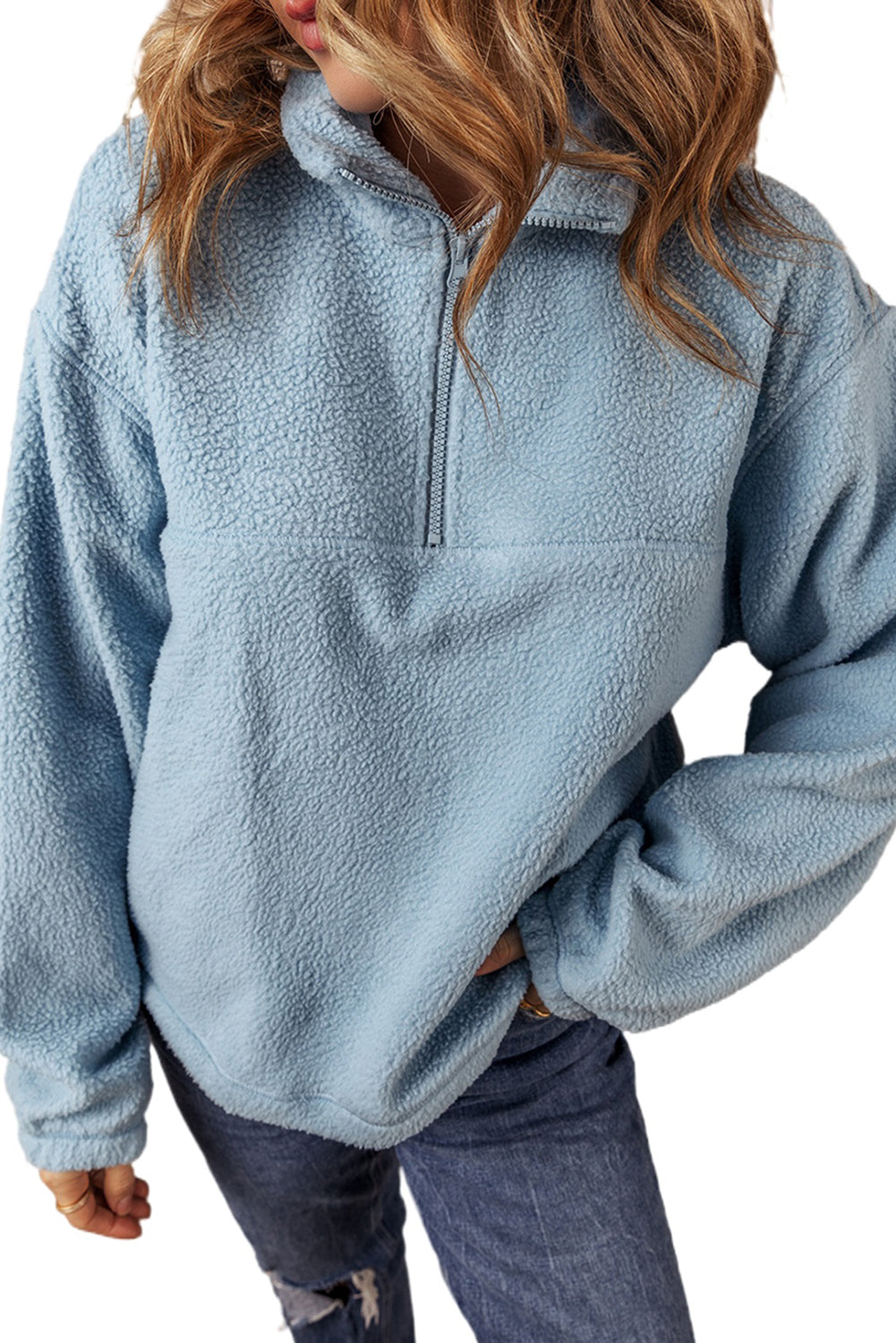 Myosotis Collared Zipper Drop Shoulder Fleece Sweatshirt