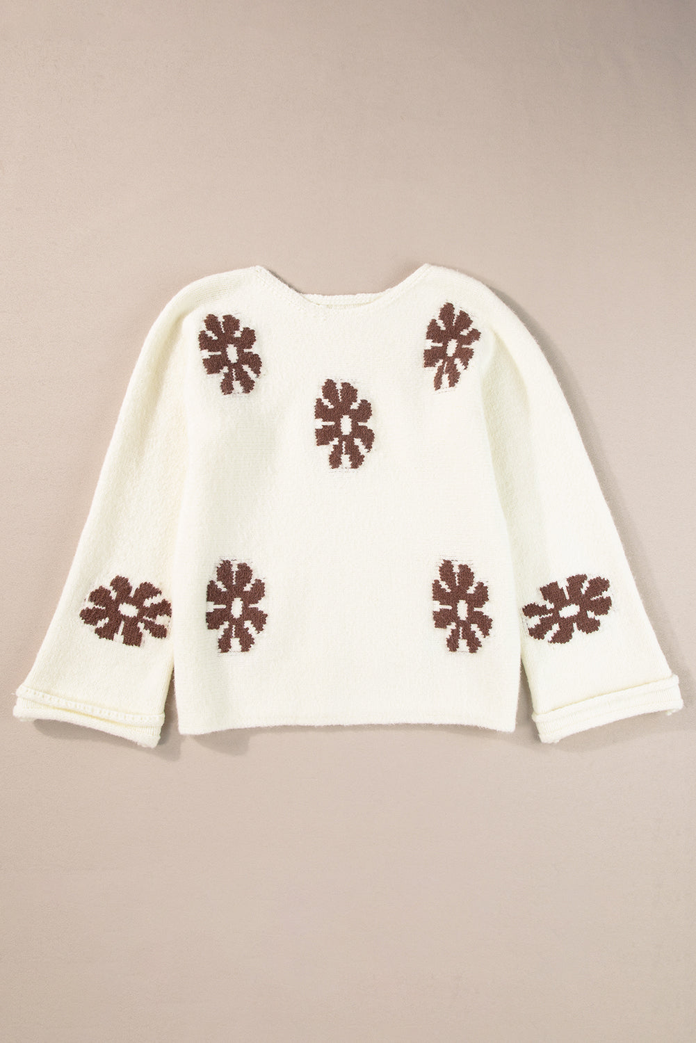 White 60s Floral Pattern Crewneck Sweater