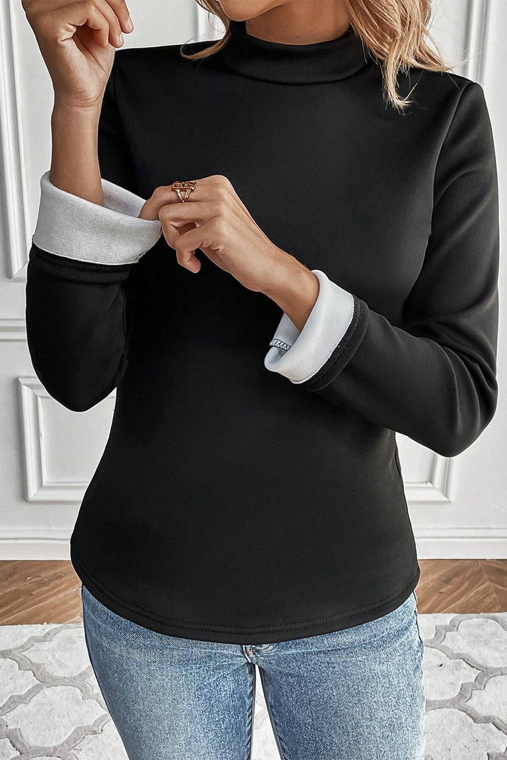 Black Solid Color Mock Neck Thermal Lined Long Sleeve Top