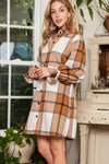 Khaki Plaid Pattern Collared Neck Ruffled Sleeve Shirt Dress