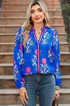 Blue Floral Print Pop Of Color V Neck Puff Sleeve Blouse
