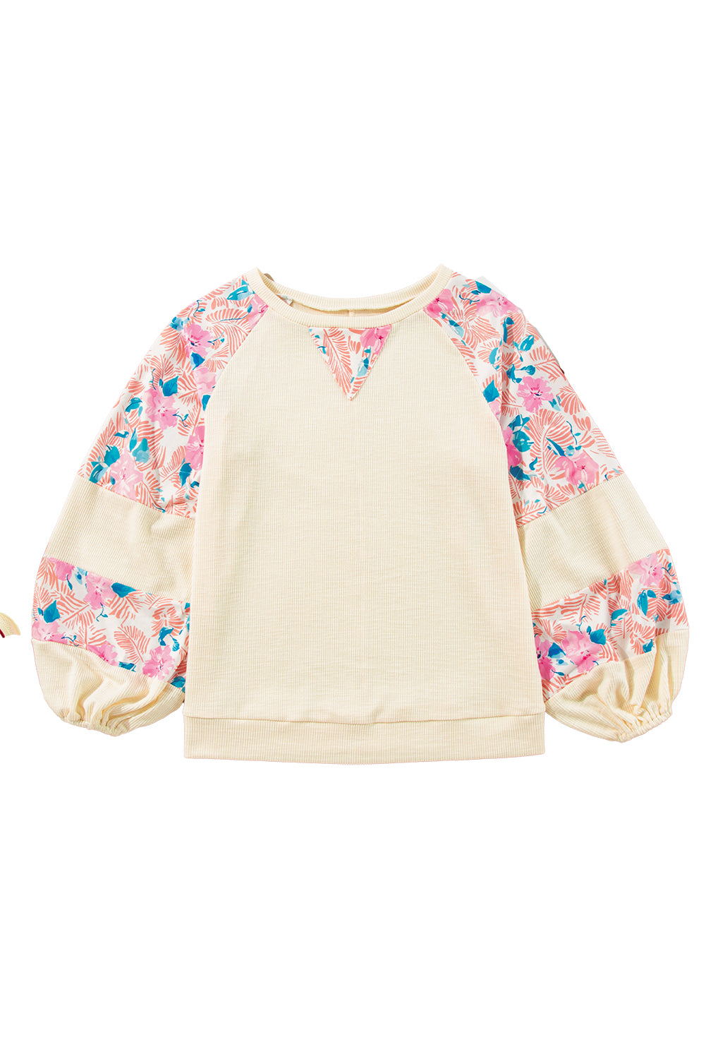 Apricot Crinkle Rib Floral Patchwork Balloon Sleeve Top