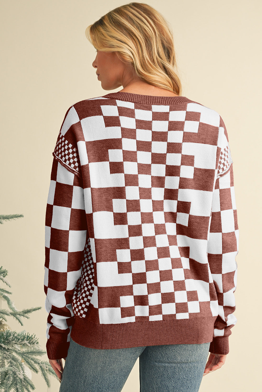 Carrot Checkered Drop Shoulder Round Neck Sweater