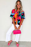 Red Abstract Print Tie Front Puff Sleeve Babydoll Blouse