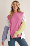 Sachet Pink Waffle Patchwork Striped Sleeve Top