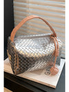 Silvery Lattice Texture Corded Ball Decor Weaven Handle Cosmetic Bag