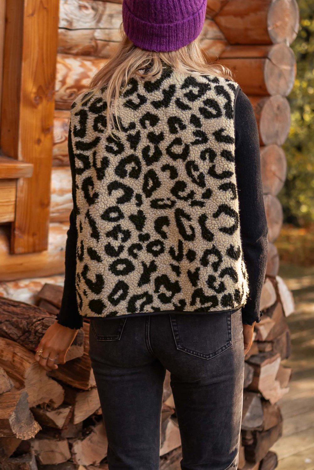 Black Leopard Print Sherpa Button Front Vest Coat