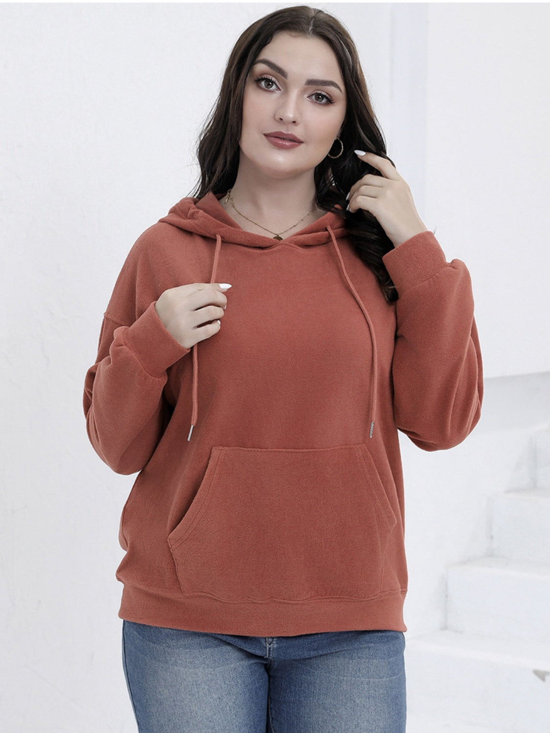 Plus Size Drawstring Kangaroo Pocket Hoodie