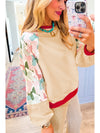 Beige Bowknot Print Patchwork Raglan Sleeve Top