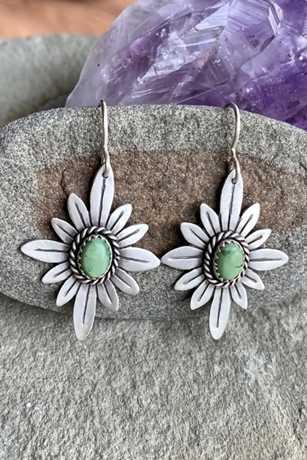 Silvery Western Turquoise Flower Shape Hook Earrings