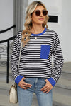 Long Sleeve Tops Black Striped Contrast Edge Loose Pocketed Long Sleeve Top.