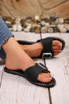 Black Buckled Strap Faux Leather Flat Chic Slippers