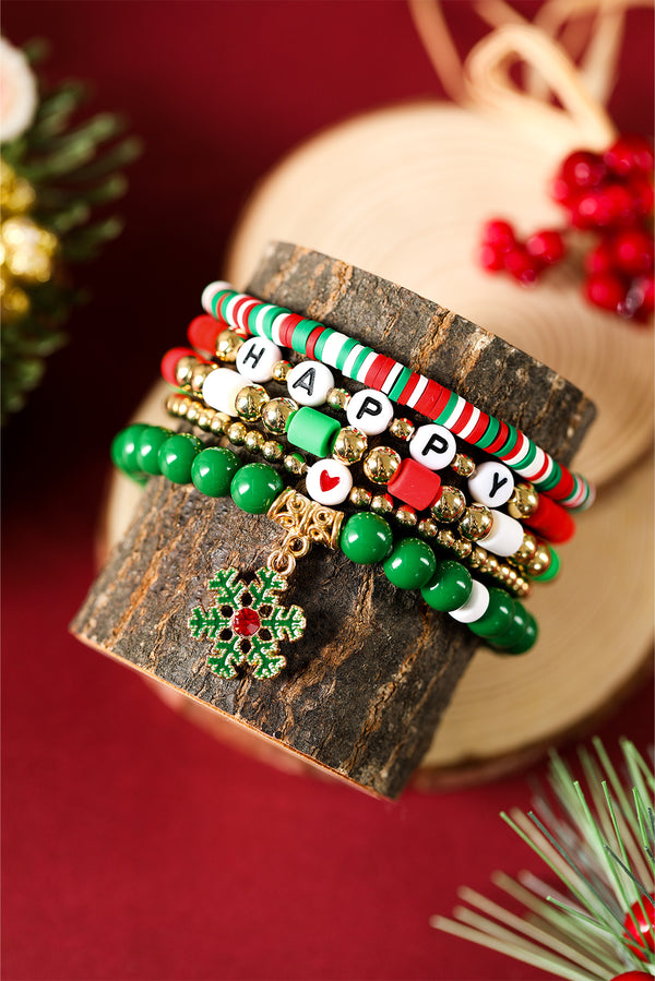 Gold 5pcs Christmas Snowflake Pendant Beaded Bracelet Set
