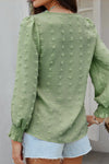 Grass Green Swiss Dot Lace Patchwork V Neck Long Sleeve Blouse