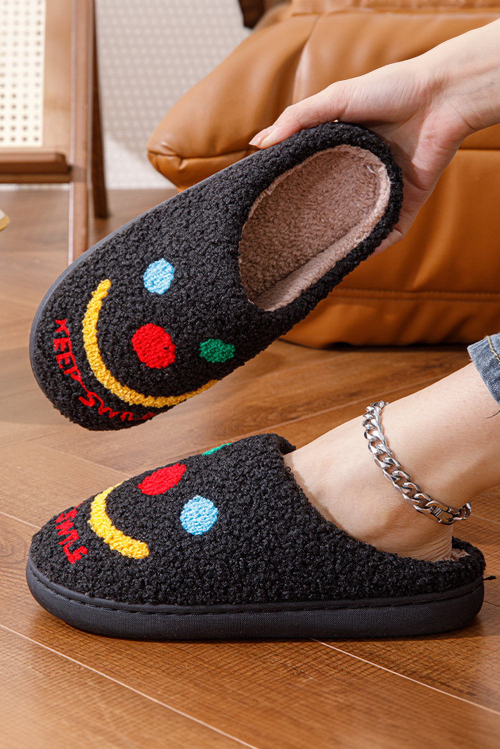 Black Keep Smile Printed Sherpa Home Slippers