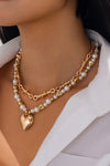 Gold Heart Pendant Pearl Chain 2pcs Necklace Set