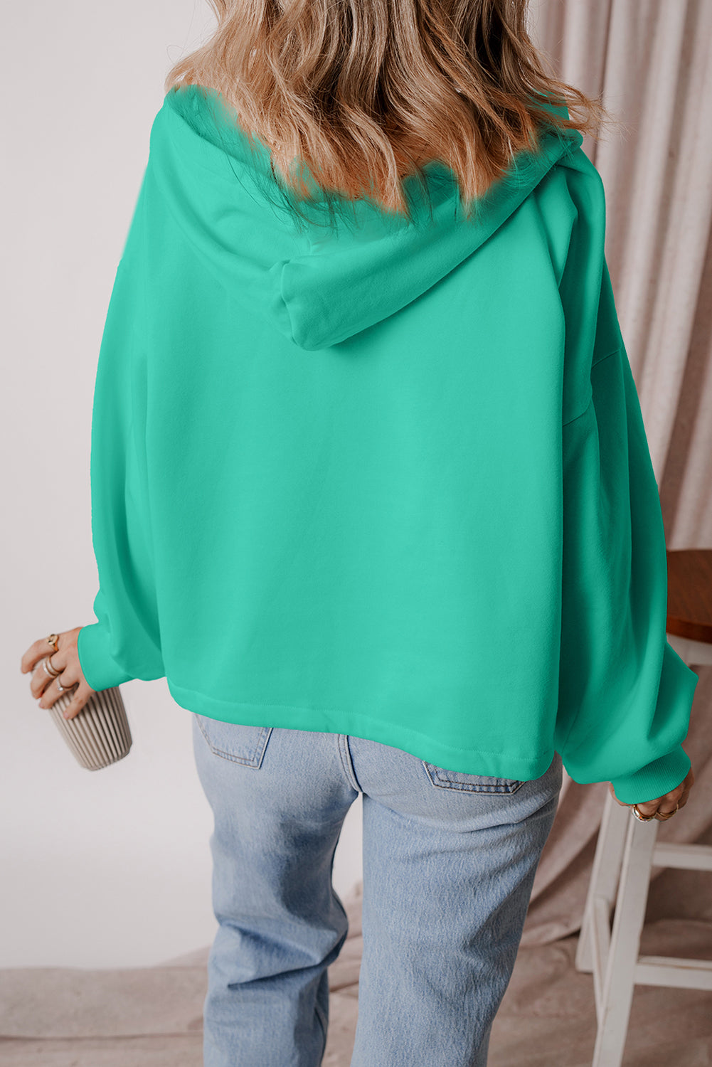 Smoke Green Half Zipper Kangaroo Pockets Drop Shoulder Hoodie