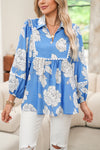 Sky Blue Floral Print V-Neck Scallop Detail Long Sleeve Blouse