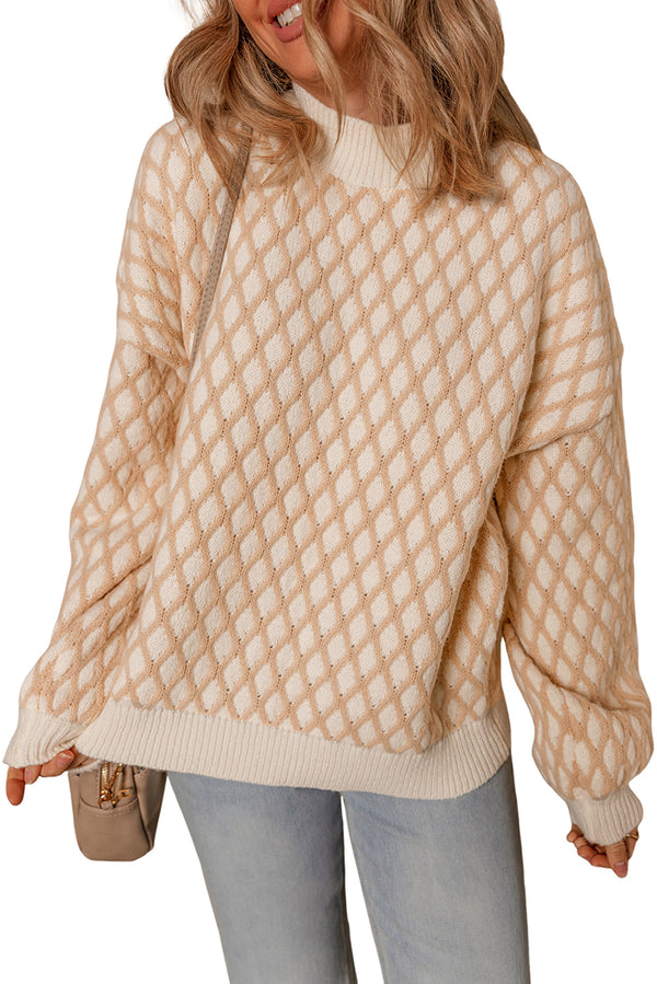 Smoke Gray Checkered Textured Knit Mock Neck Sweater