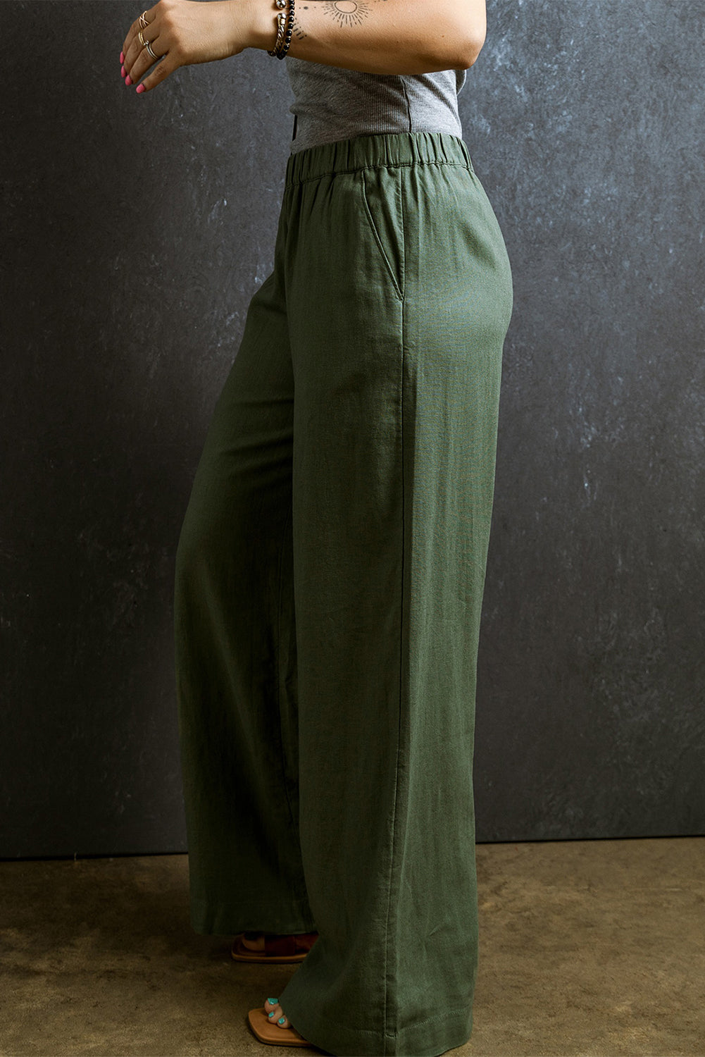 Fern Green Elastic Waist Plain Wide Leg Pants