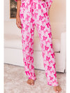 Pink Bow Knot Print Lapel Collar Short Sleeve and Pants Pajamas Set