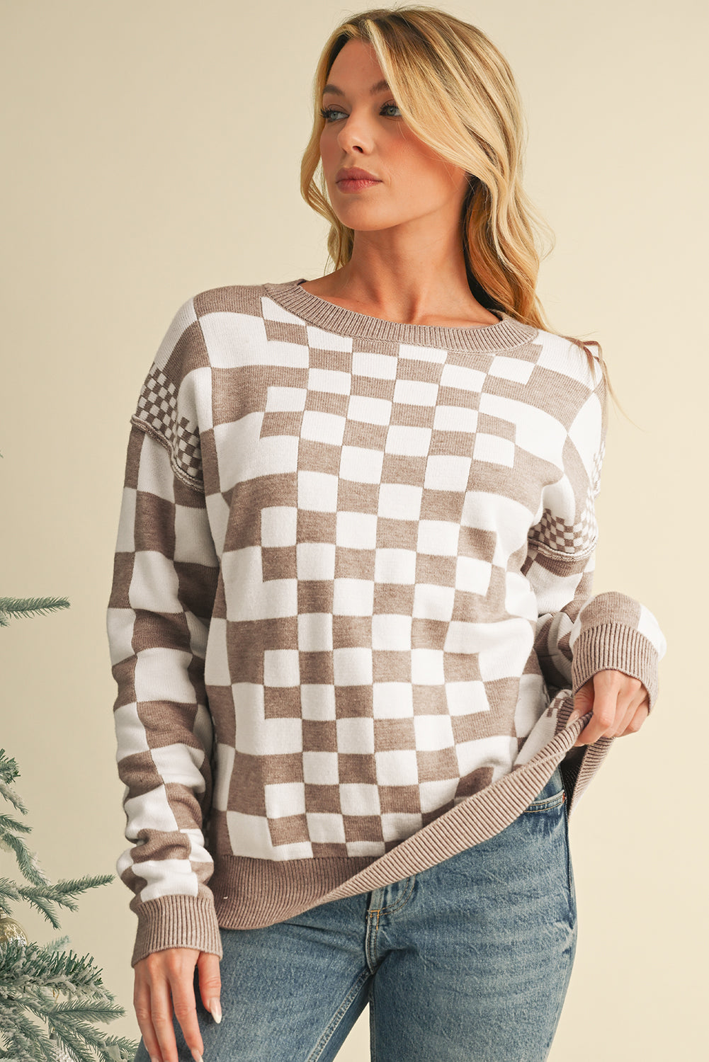 Carrot Checkered Drop Shoulder Round Neck Sweater