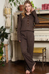 Black Ribbed Henley Shirt and Wide Leg Pants Loungewear Set